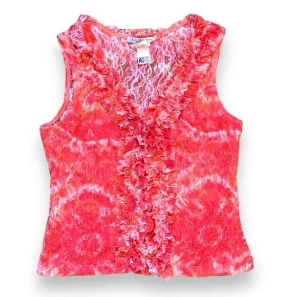 Vintage Sheer Blouse Sleeveless Ruffled Plunge Neck  Nylon Red Floral Lace Top - Picture 6 of 8